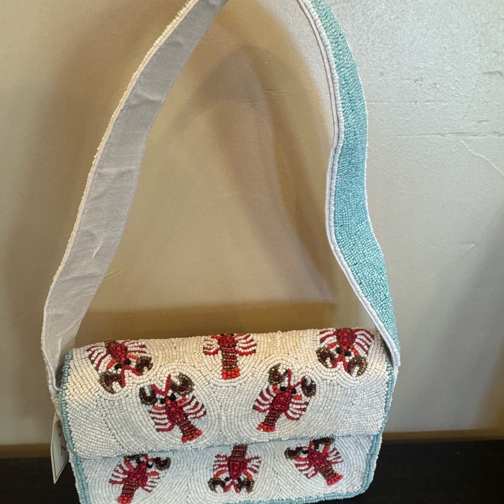 Beaded Lobster White & Aqua Shoulder Bag
